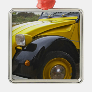 En gammal svart och gul Citroen 2CV 2 CV, Julgransprydnad Metall