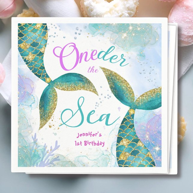 En gång i havet! Lila Teal Girls 1:a födelsedag Pappersservett (Skapare uppladdad)