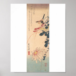 En gärdsmyg och krysantemum av Utagawa Hiroshige Poster