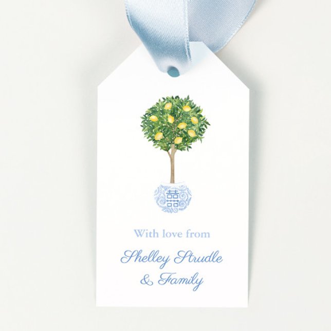 En gåva från: Sunny Lemon Träd Topiary Vår Presentetikett (Chinoiserie lemon tree hostess gift tags)