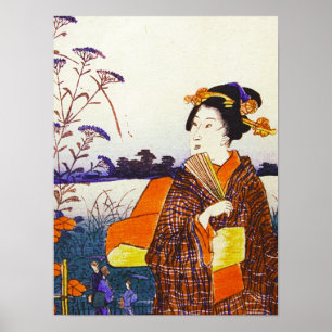 En Geisha vid den japanska träklosset Ukiyo-E fö Poster