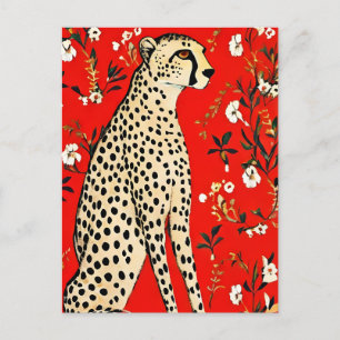 En gepard på en röd bakgrund med blommor vykort