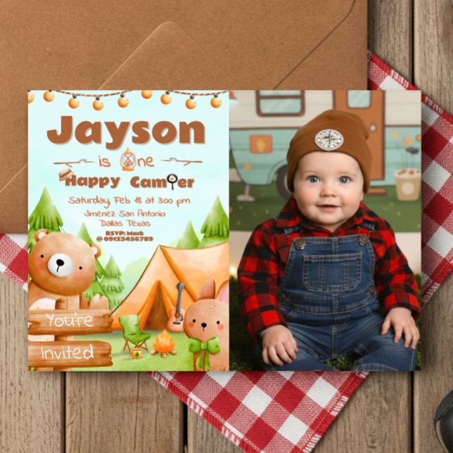 En glad campare - 1-årsdag med foto inbjudningar (One Happy Camper - 1st birthday Landscape Invitation with Photo)
