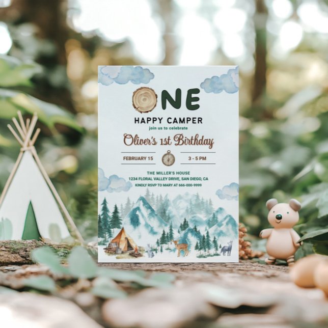 En Glad Campare Bergsskogs 1-årsfest Inbjudningar (One happy camper 1st birthday invitation)