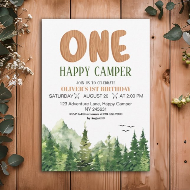 En Glad Campare Rustik Grön Skog 1-årsdag Inbjudningar (Skapare uppladdad)