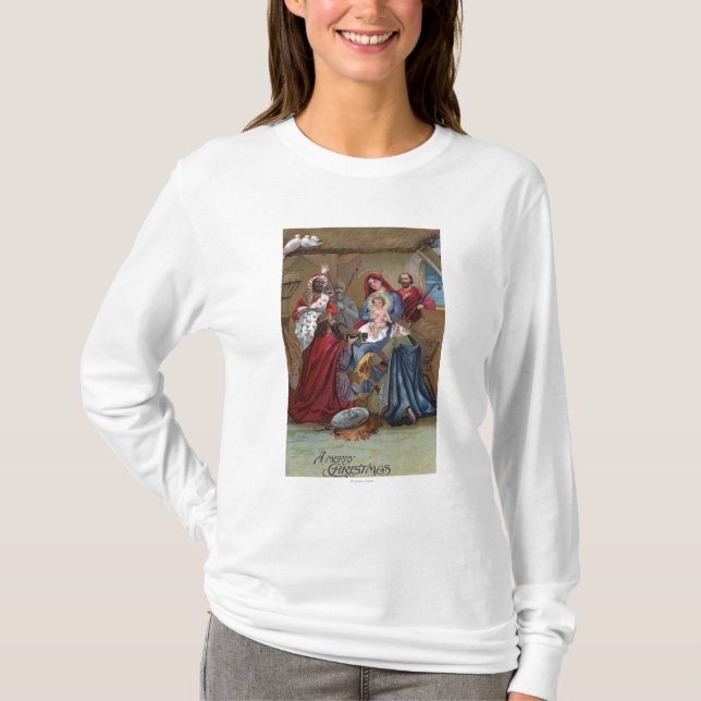 En glad ChristmasNativity plats Tee Shirt (Framsida)