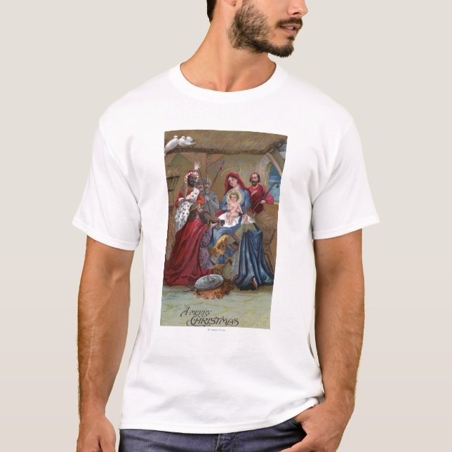 En glad ChristmasNativity plats Tee Shirt (Framsida)