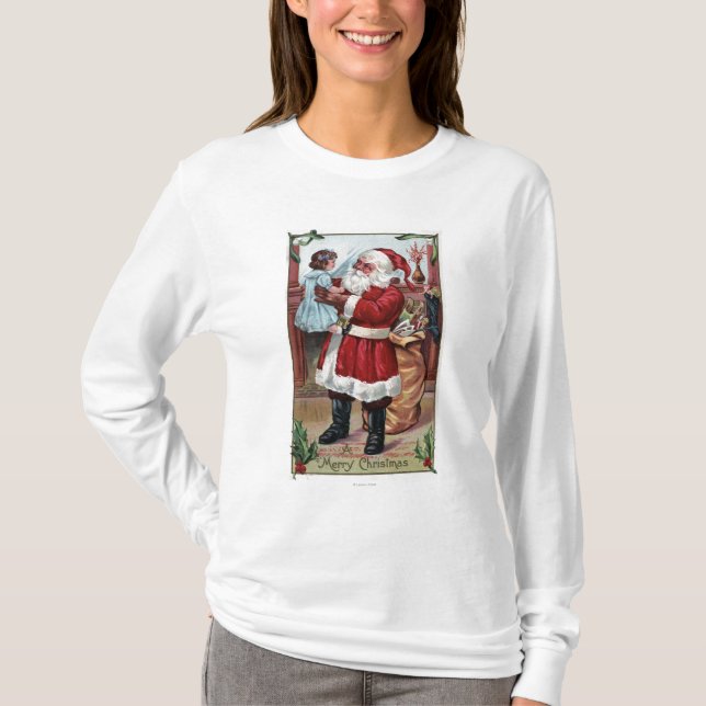 En glad ChristmasSanta hållande flicka i blått Tee (Framsida)