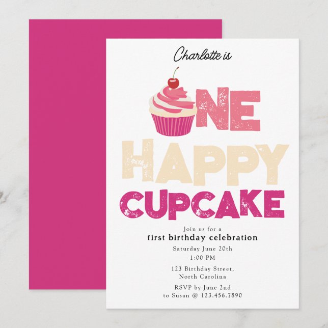 En Glad Cupcake Inbjudan 1:a Första Födelsedag Söt (Fram/baksida)