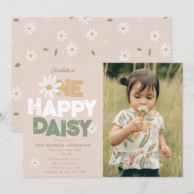 En Glad Daisy Inbjudan 1:a Första Födelsedags Foto (Fram/baksida)