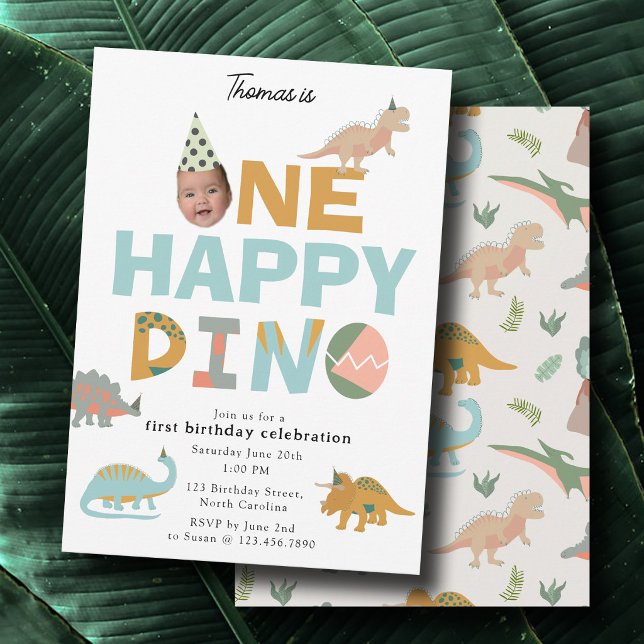 En Glad Dino Dinosaur Inbjudan 1-årsdag Foto (One Happy Dino Dinosaur Invite 1st Birthday Photo)