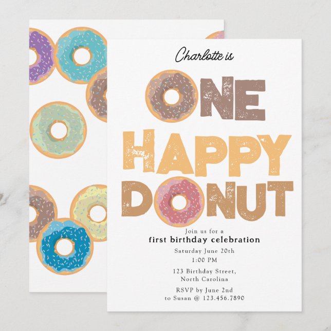 En Glad Donut Inbjudan 1:a  Första Födelsedag Söt (Fram/baksida)