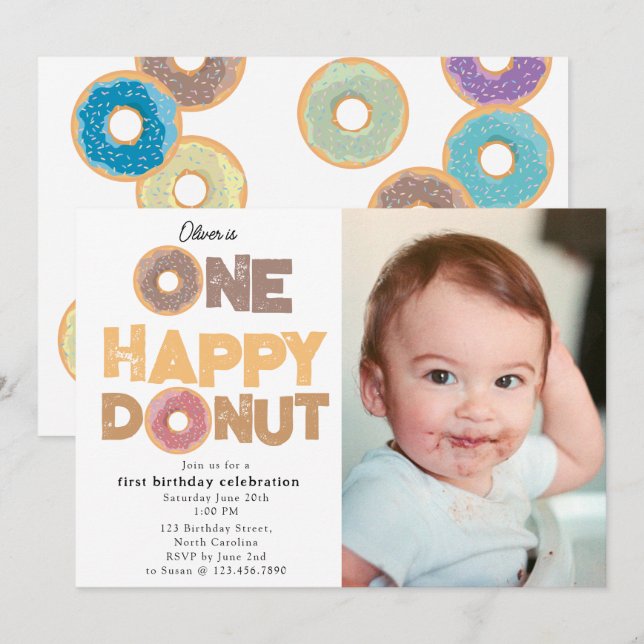 En Glad Donut Inbjudan 1:a Första Födelsedags Foto (Fram/baksida)