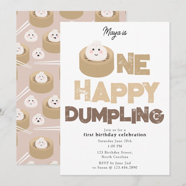 En Glad Dumplings Inbjudan 1:a  Första Födelsedag  (Fram/baksida)