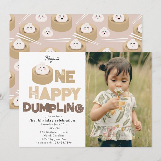 En Glad Dumplings Inbjudan 1:a Första Födelsedags  (Fram/baksida)