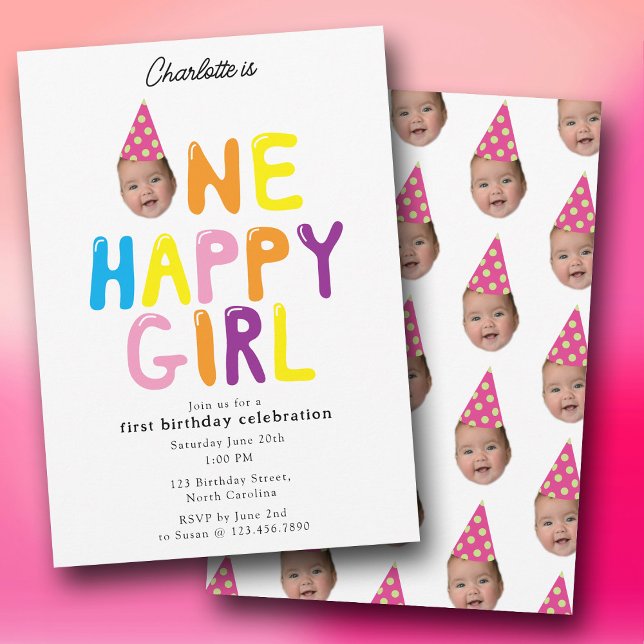 En glad flicka födelsedagsinbjudan 1:a födelsedags inbjudningar (One Happy Girl Birthday Invite 1st Birthday Photo)