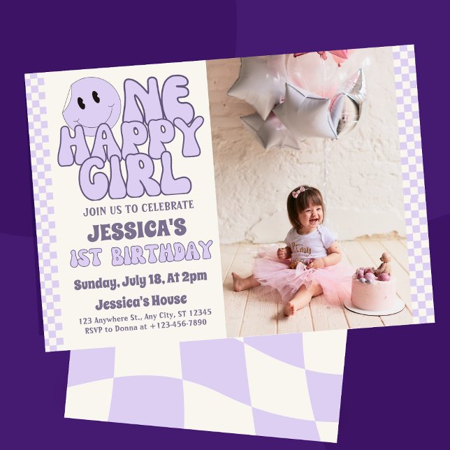 En glad flicka Retro 1-årsfest  Inbjudningar ("Light up your little one's special day with our 'One Happy Girl Retro Smiley Face 1st Birthday )