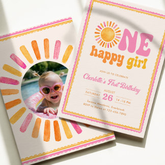 En glad flicka Solsken 1-årsdag Inbjudningar