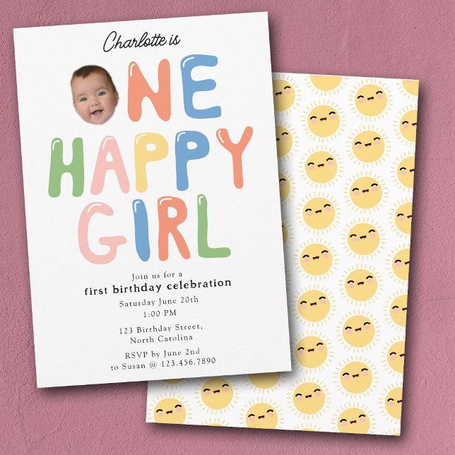 En Glad Flickas Födelsedagsinbjudan 1:a Födelsedag Inbjudningar (One Happy Girl Birthday Invite 1st Birthday Photo)