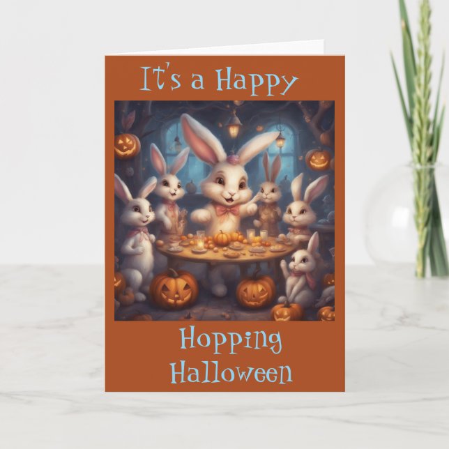 En Glad Hoppande Halloween Kaniner Halloween Kort (Framsida)