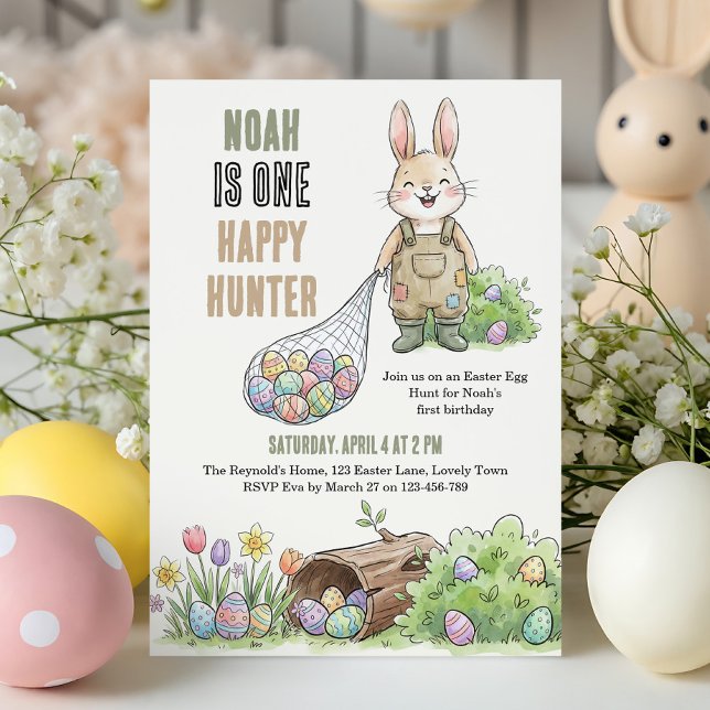 En Glad Jägare Påsktema Första Födelsedag Inbjudningar (One Happy Hunter - Easter egg hunt themed 1st birthday invitation)