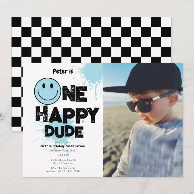 En glad kille inbjudan 1:a Första födelsedags pojk (Fram/baksida)