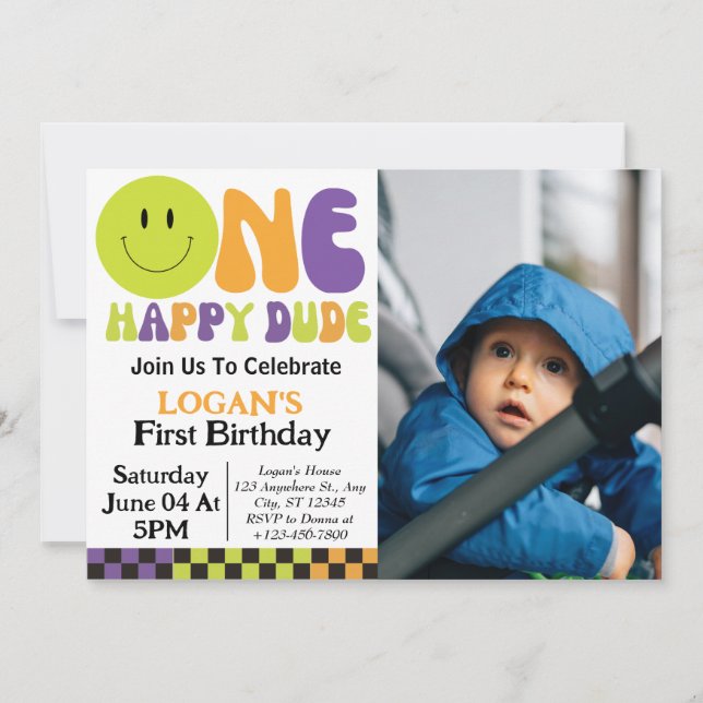 En glad kille Pojke 1-års födelsedagsfoto Inbjudningar (Framsida)