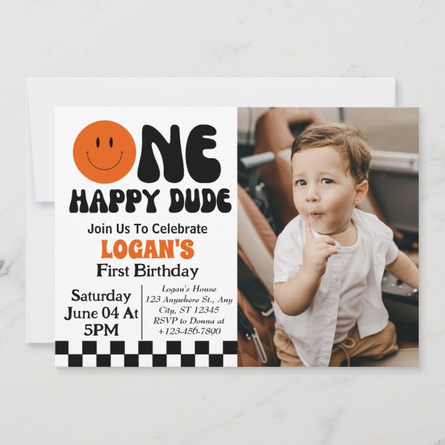En Glad Kille Pojke 1-års Födelsedagsfoto Inbjudningar (Framsida)