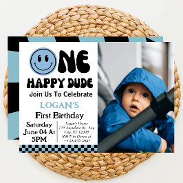 En Glad Kille Pojke 1-års Födelsedagsfoto Inbjudningar