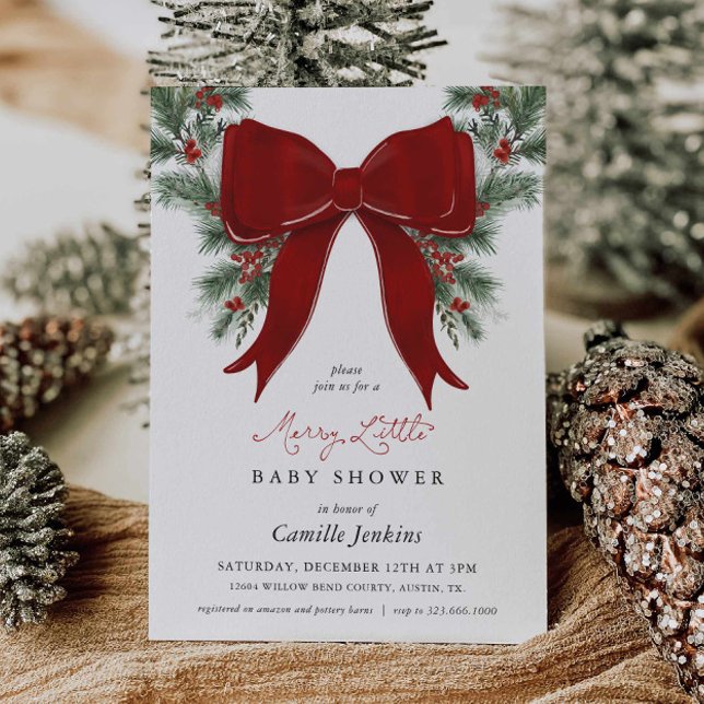 En Glad Liten Jul Bebis Shower Inbjudan (Merry Little Christmas Baby Shower Red bow and wreath)