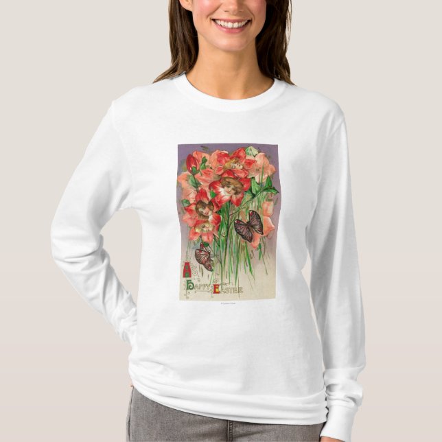 En glad påsk med kvinnahuvudblommor t-shirt (Framsida)