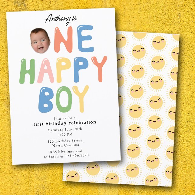 En Glad Pojke Födelsedagsinbjudan 1:a Födelsedags  Inbjudningar (One Happy Boy Birthday Invite 1st Birthday Photo)