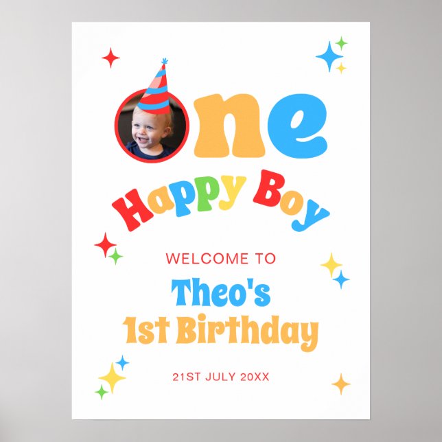 En Glad Pojke Kul 1-års Födelsedagsfoto Välkomstsk Poster (Framsidan)