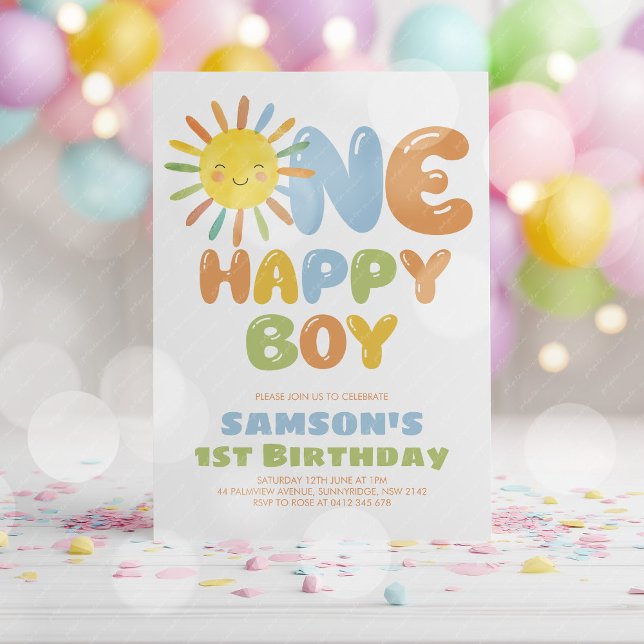 En Glad Pojke Sol 1-års Födelsedag Blå Inbjudningar (One Happy Boy! Boy's sun 1st birthday invitation)