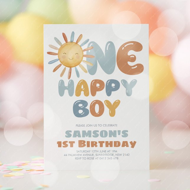 En Glad Pojke Sol 1-års Födelsedag Inbjudningar (One Happy Boy! Boy's sun 1st birthday invitation )