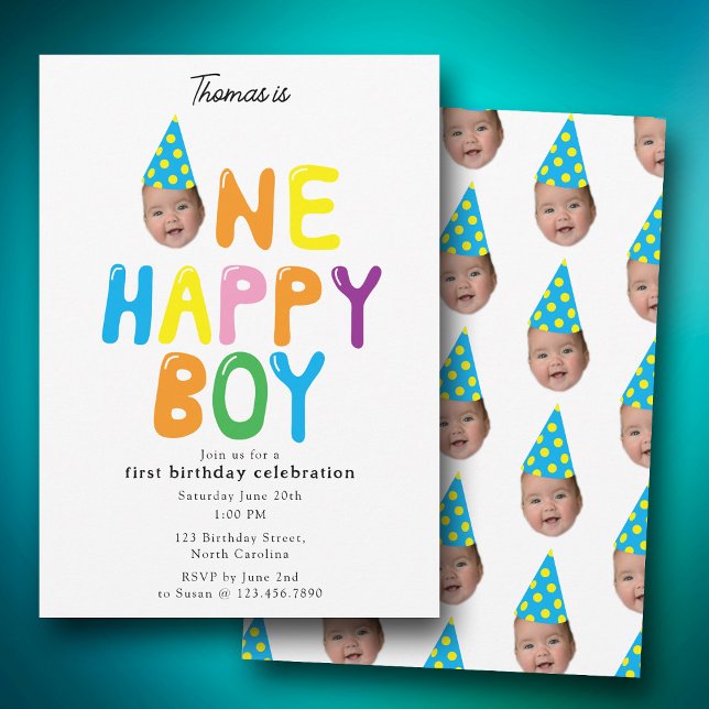 En glad pojkes födelsedagsinbjudan 1-års födelseda inbjudningar (One Happy Boy Birthday Invite 1st Birthday Photo)