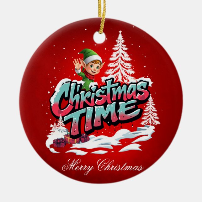 En glad tecknad julgransprydnad keramik (Framsidan)