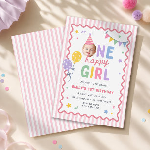 En Glad Tjej Rosa Färgrik 1-års Födelsedag Inbjudningar