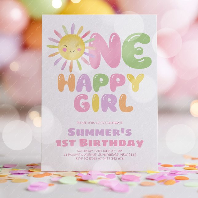 En Glad Tjej Sol 1-års Födelsedag Färgrik Inbjudningar (One Happy Girl! Girls 1st birthday party invitation in pink, green, orange, purple. )