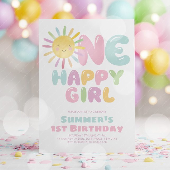 En Glad Tjej Sol 1-års Födelsedag Rosa Blå Inbjudningar (One Happy Girl! Girl's sun 1st birthday invitation in pink, blue and purple. )
