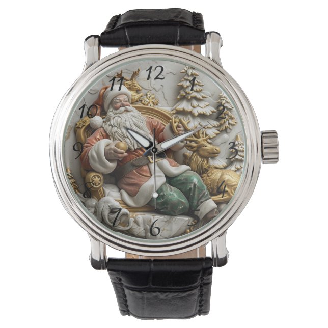 En glad tomte som kopplar av med sina renar armbandsur (Framsida)