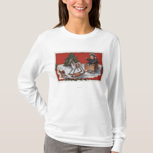 En glada ChristmasKid i enBoxas Sled Tee Shirt (Framsida)