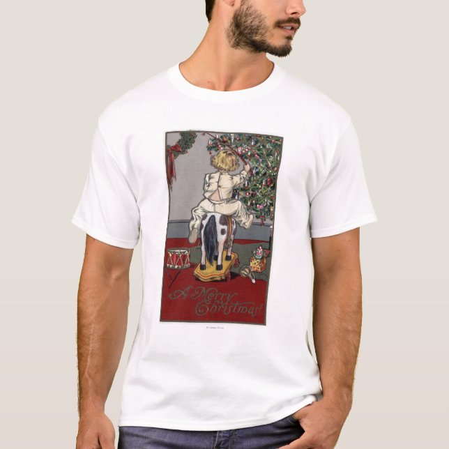 En glada ChristmasKid på en vagga häst T-shirt (Framsida)