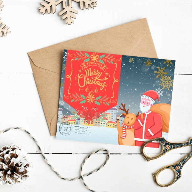 En glädjefull julkort från Nordpolen (A Joyful Christmas Postcard from North Pole on a table)