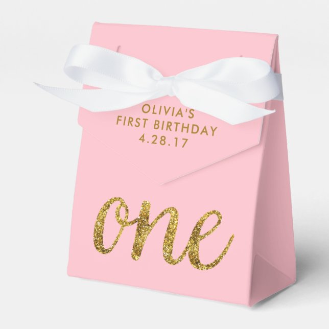 En Glitter 1:a födelsedag Rosa och Guld Presentaskar (Framsidan Sidan)