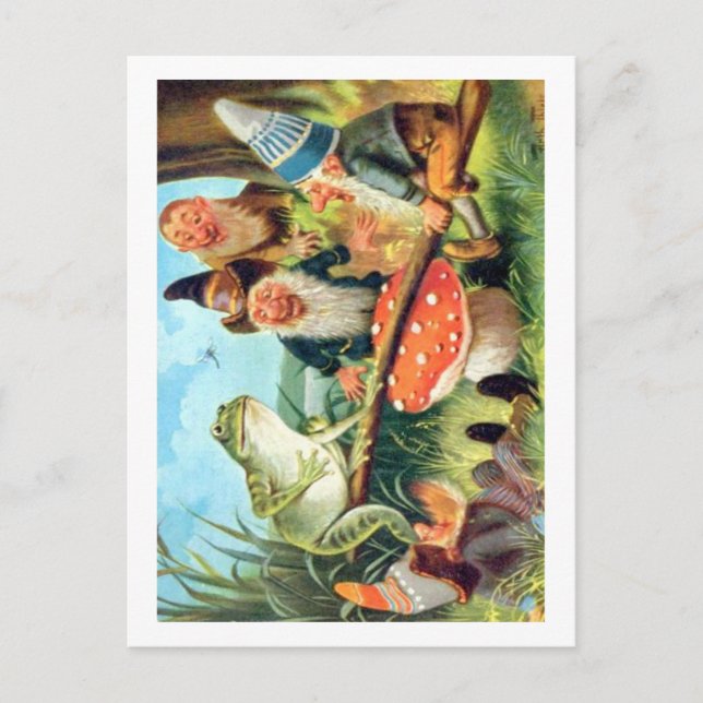 En Gnome och Frog på en svamp. Vykort (Framsida)