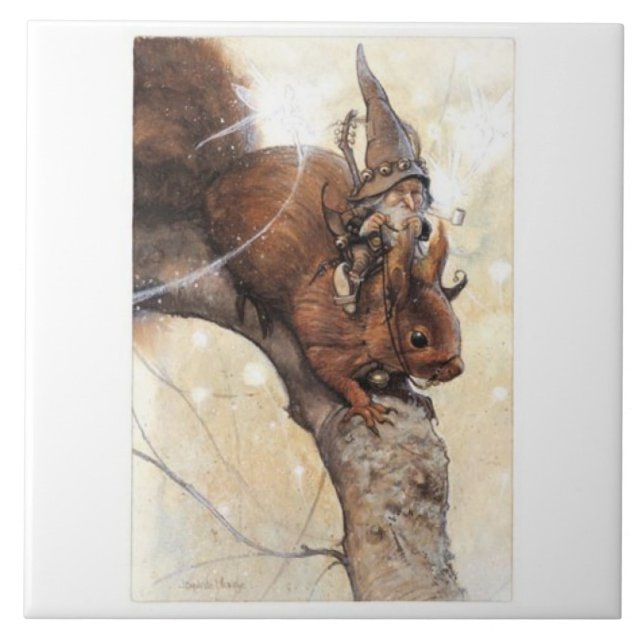 EN GNOME SOM RIDER EN EKORRE KAKELPLATTA (Framsidan)