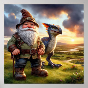 En Gnome Warrior Posing med sin drake Poster
