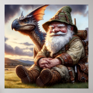 En Gnome Warrior Posing med sin drake Poster