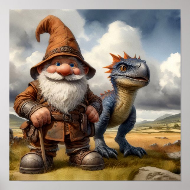 En Gnome Warrior Posing med sin drake Poster (Framsidan)
